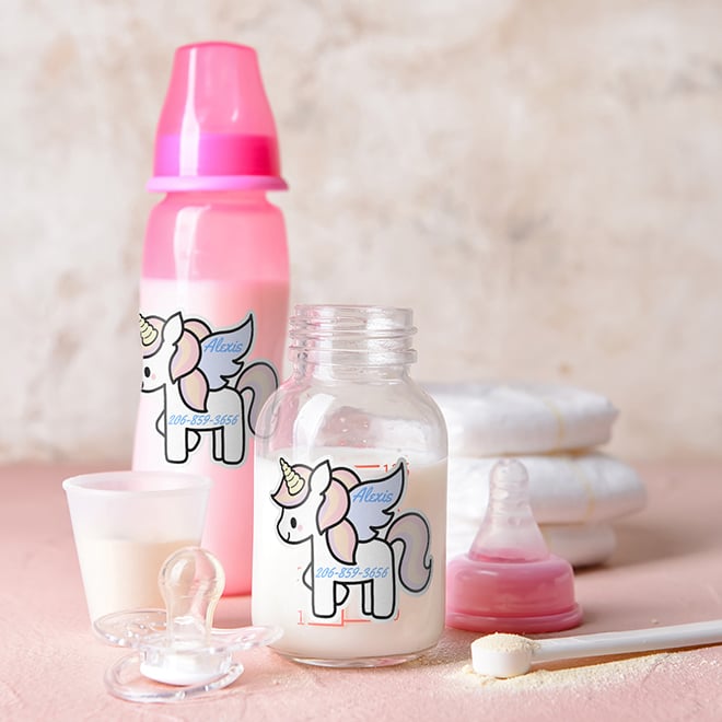 Unicorn shaped name stickers for formula bottles, water bottles and more for your child's things.