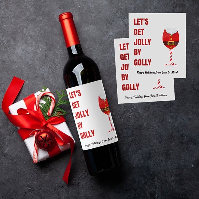 Christmas wine labels with funny sayings like "Let's Get Jolly By Golly," are easy to personalize for the holidays.