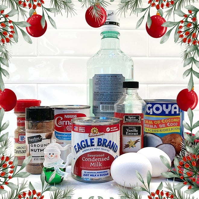Coquito making ingredients framed with a festive holiday border. These are the things you need to make homemade Coquito.