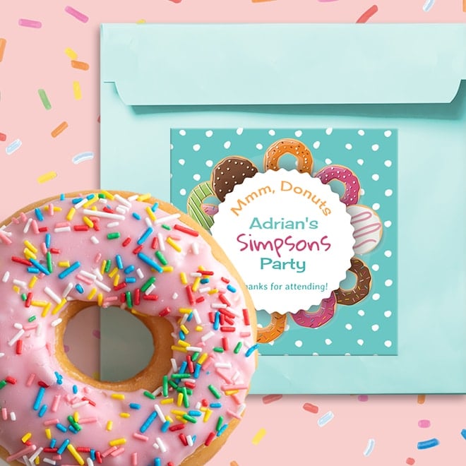 MMM, donuts 3 inch square sticker for party favor bags. Personalize online.
