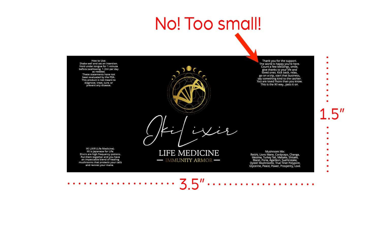 Dropper bottle label with text that is too small