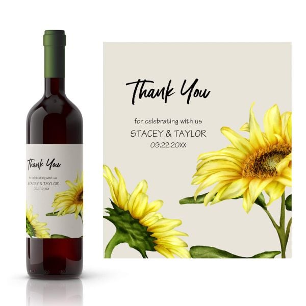Watercolor Blooming Sunflower Thank You Wine Label